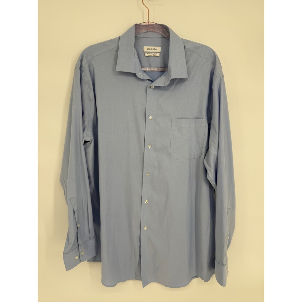 Calvin Klein Mens Light Blue Wrinkle Free Stretch Regular Dress Shirt Sz XL/17